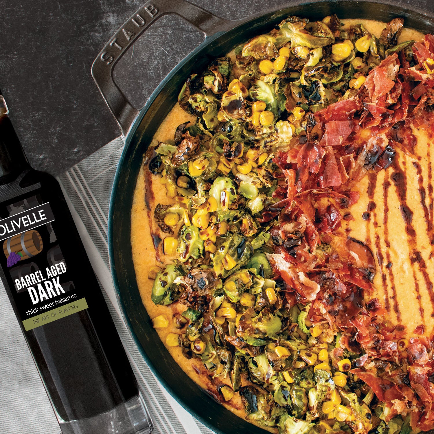 Creamy Polenta with Crispy Pancetta, Brussel Sprouts, and Corn