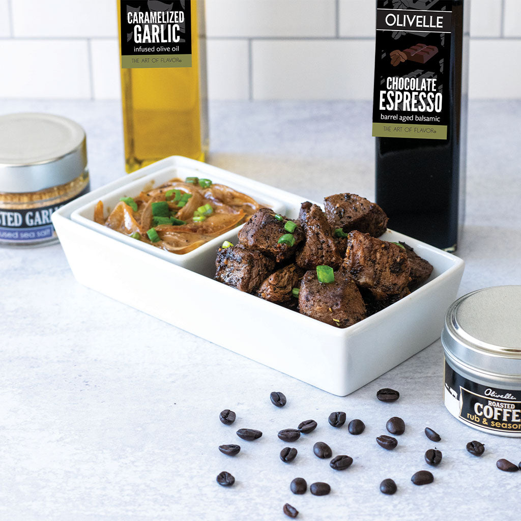 Coffee Steak Tips with Caramelized Onion Balsamic Cream Sauce - Recipe Gift Kit